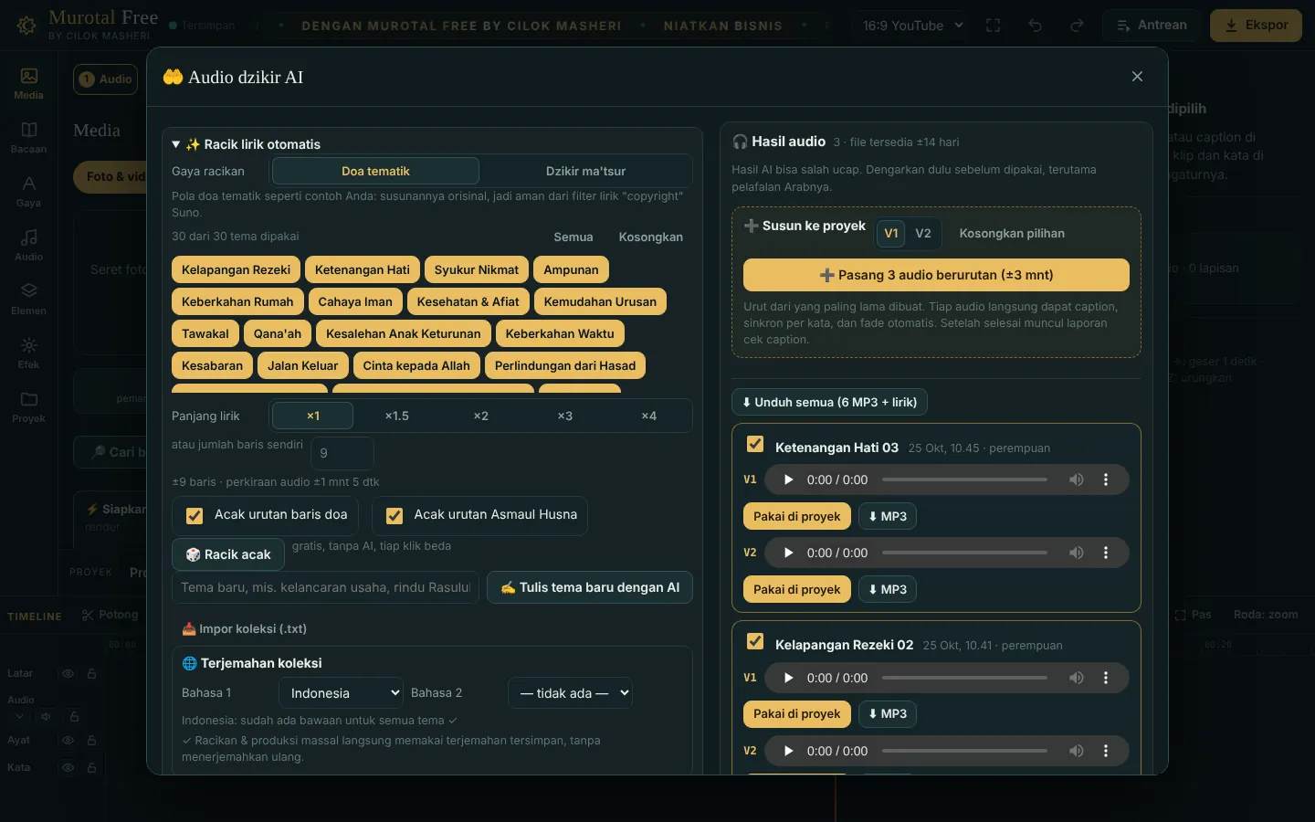 Jendela audio dzikir AI: racik lirik dan daftar hasil audio