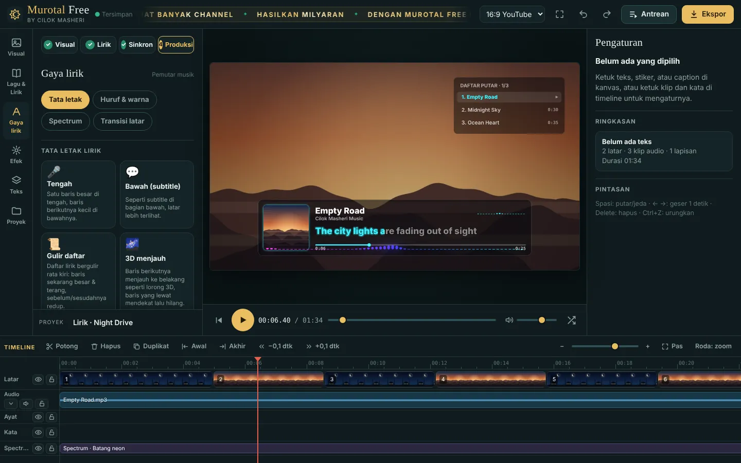 Editor mode Lirik dengan tampilan pemutar musik dan daftar putar