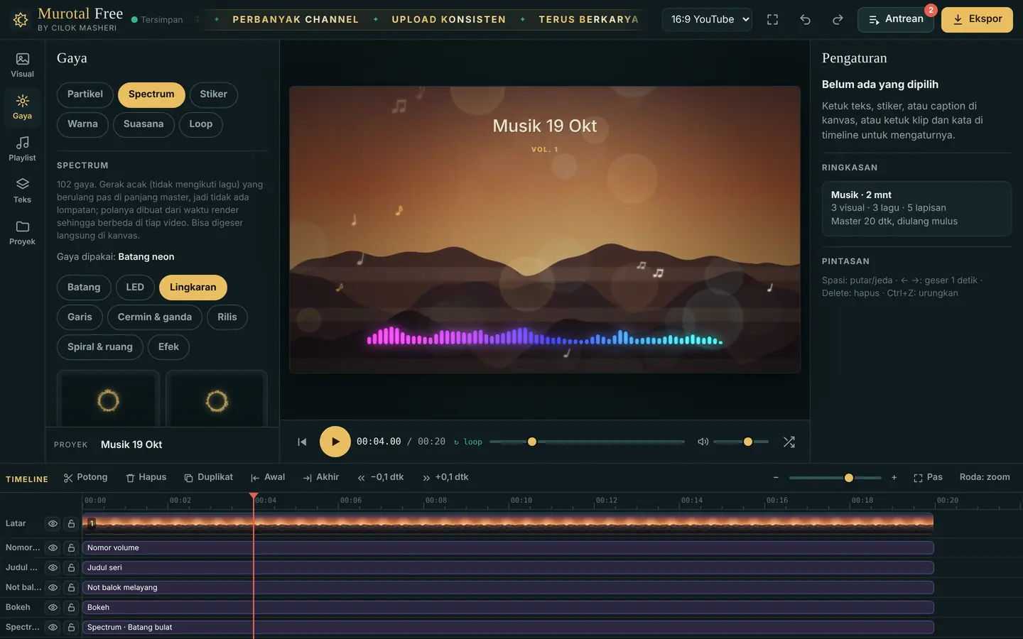 Editor mode Musik dengan spectrum dan galeri gaya
