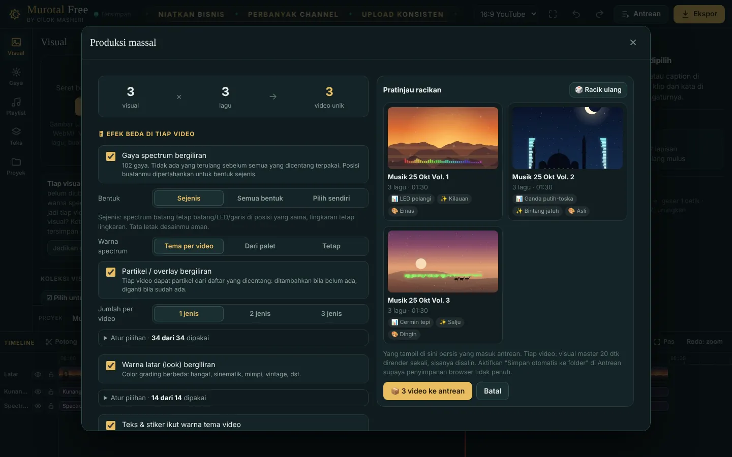 Pratinjau racikan efek per video di produksi massal mode Musik